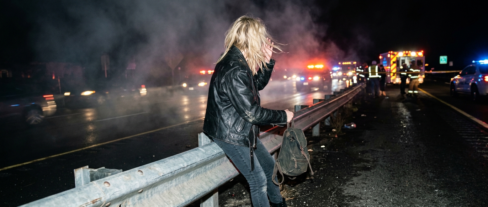 MUNA band member standing on a roadside highway shoulder watching emergency lights after a tour bus fire incident — MUNA's…