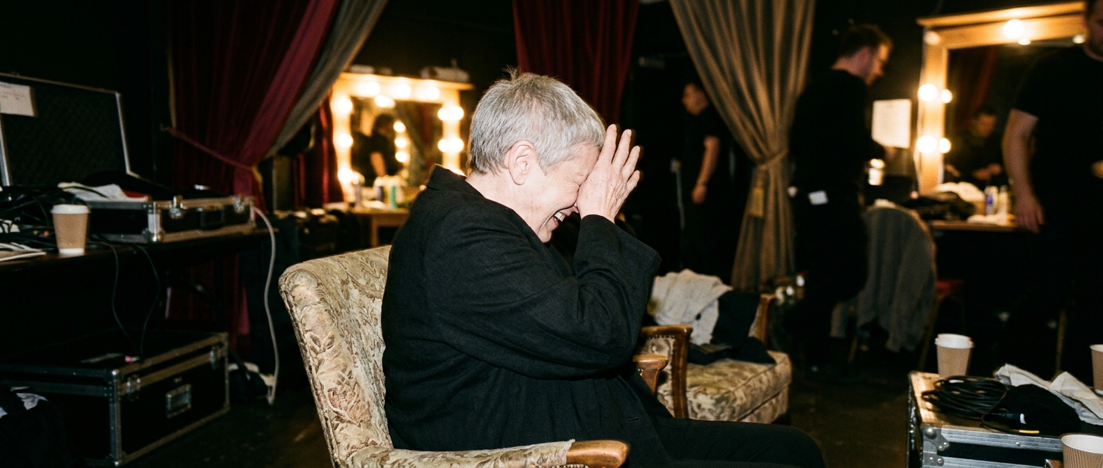 A theatrical green room setting representing Judi Dench and Anthony Hopkins in the British stage documentary Into the Breach.