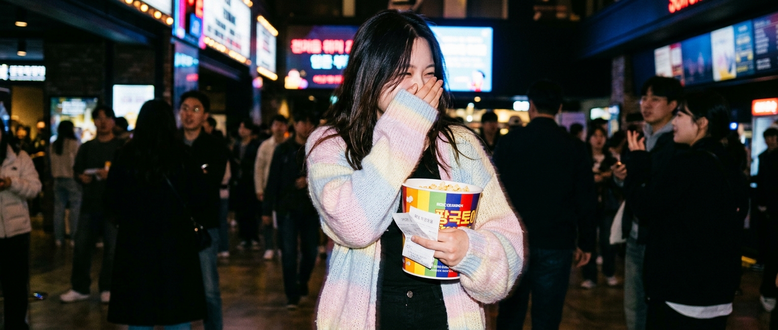 A happy cinema patron holding movie tickets and snacks in a crowded theatre during the Chiikawa box office run — Chiikawa…