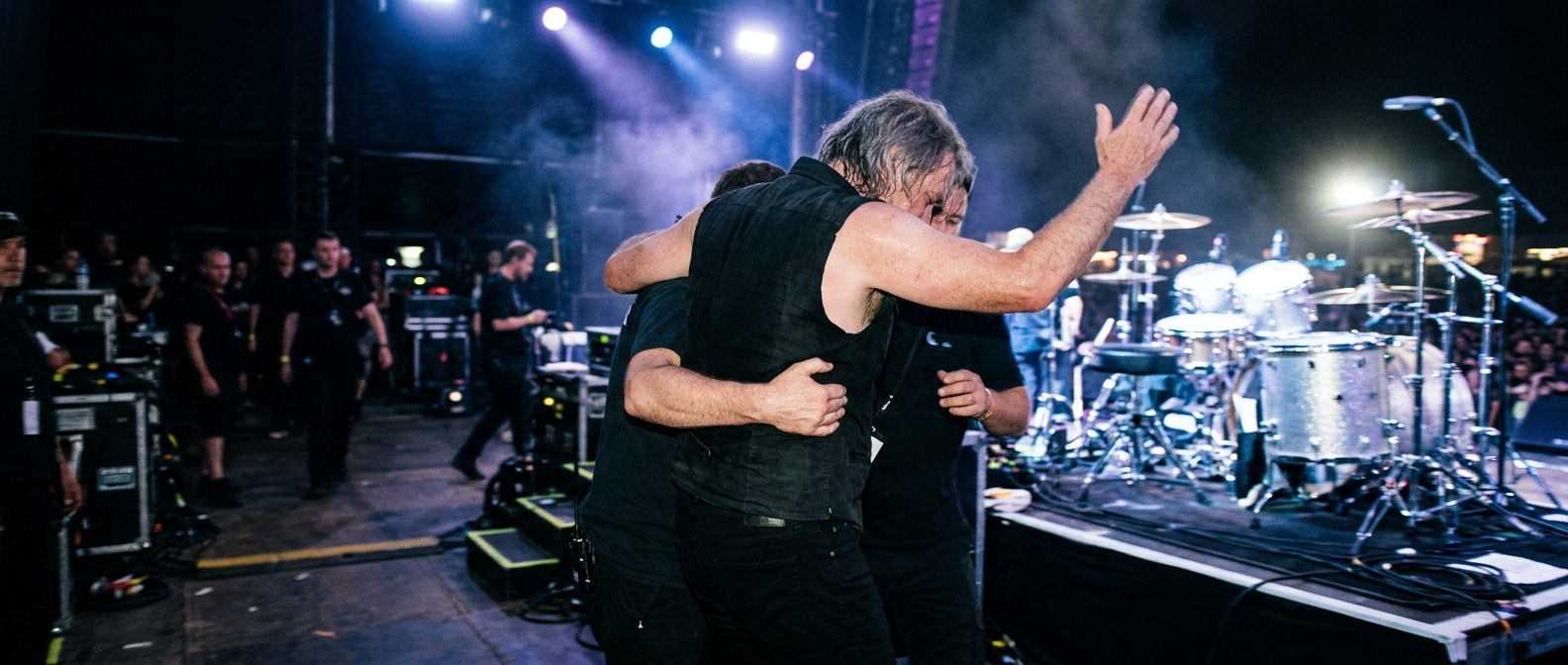 Journey drummer Deen Castronovo helped offstage by crew members after a medical emergency at an Oklahoma concert.