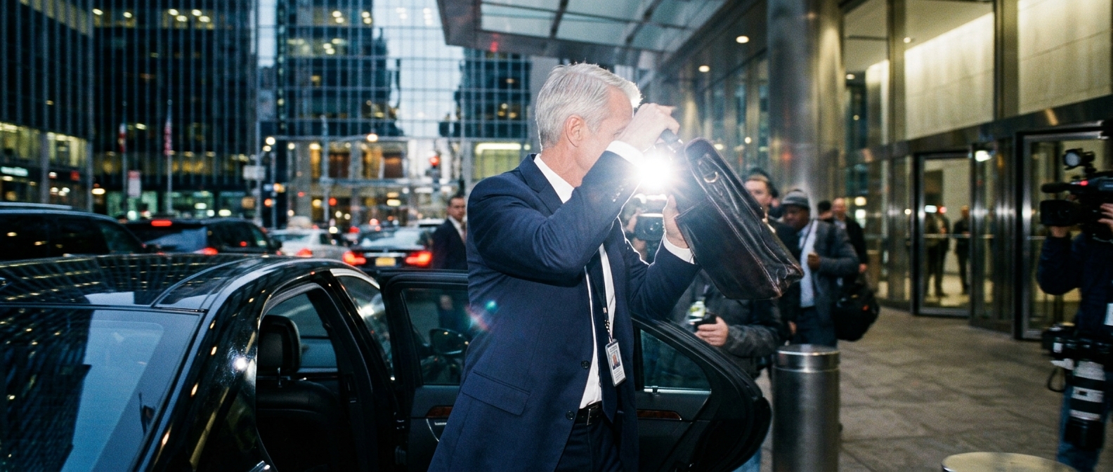 A wealthy businessman shielding his face from Thomas Lafarge's documentary film crew outside a luxury building — Tax Me If…