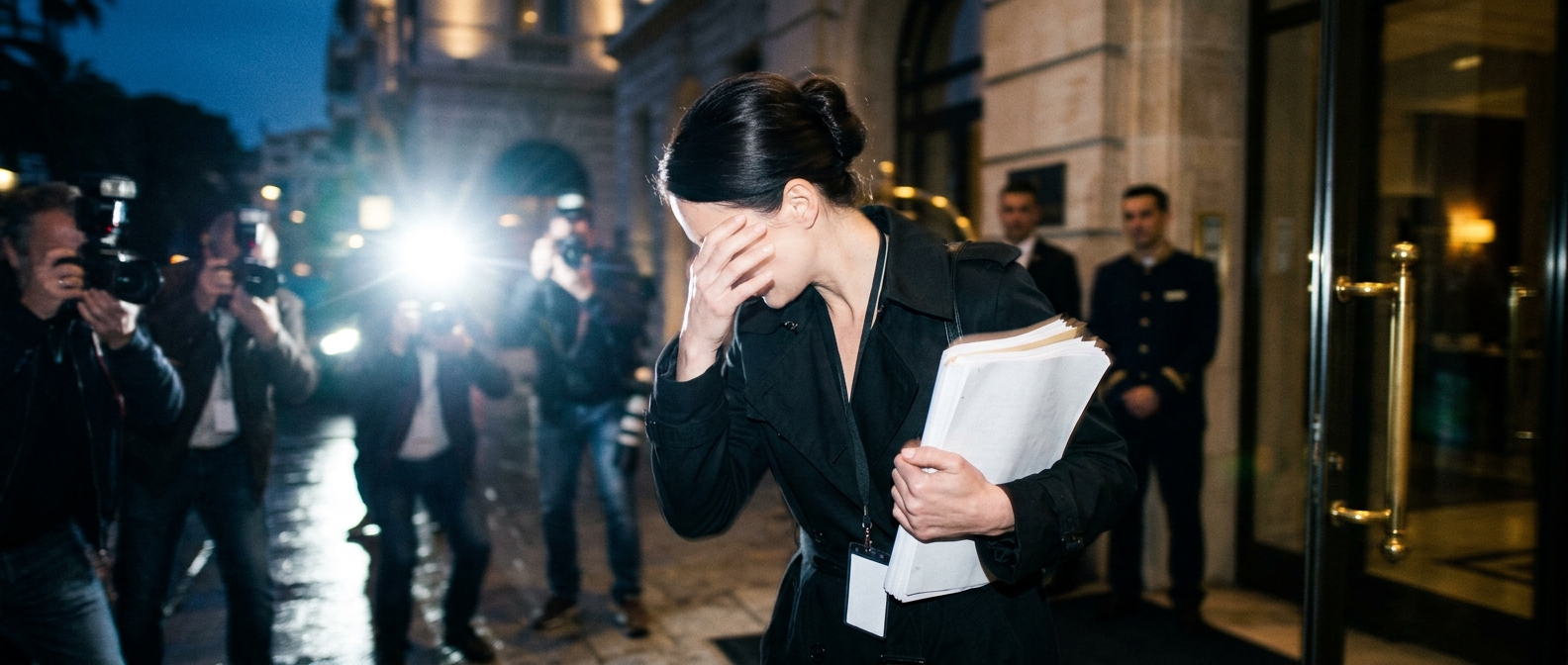 A woman shielding her face from flashes outside Cannes during the Honey Cold War thriller premiere sales.