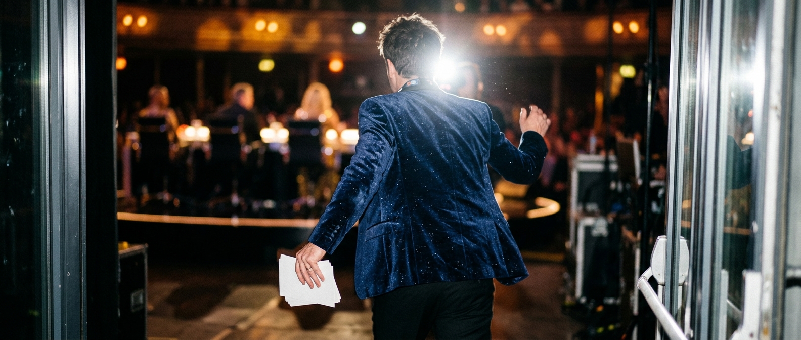 Strictly Come Dancing host stands on the live studio floor holding cue cards during the 2026 series launch.
