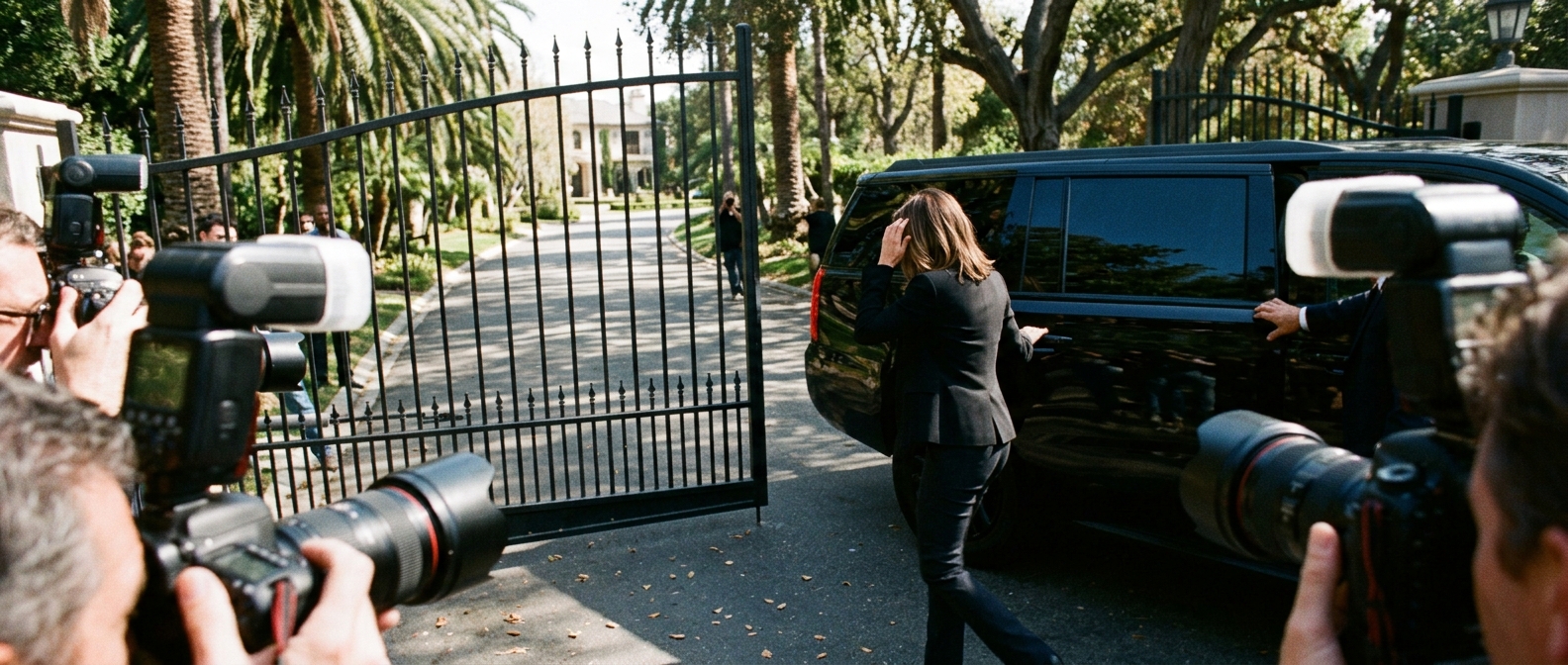 Paparazzi camera lenses and flashes point toward a private school gate under bright California sun — Jennie Bond Tells Har…