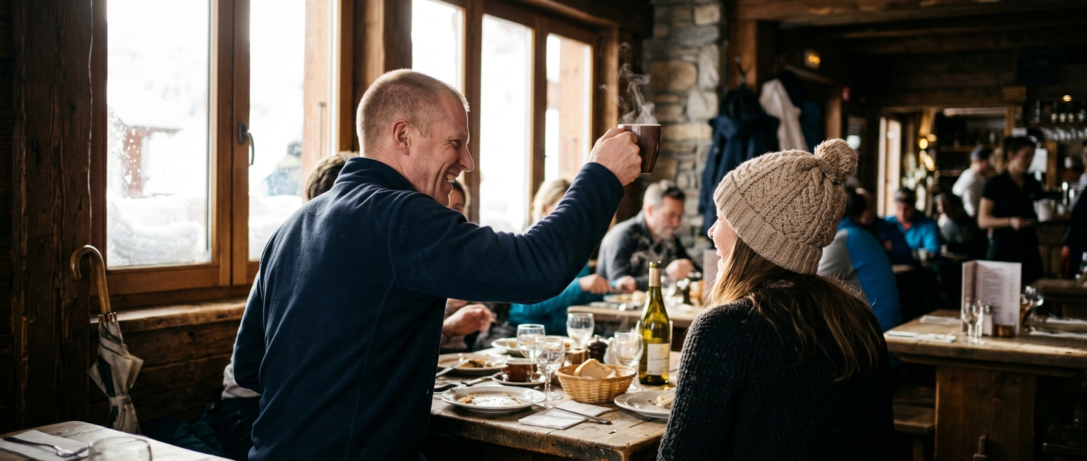 Prince William and Kate Middleton ski holiday scene inside a rustic French Alps resort restaurant.
