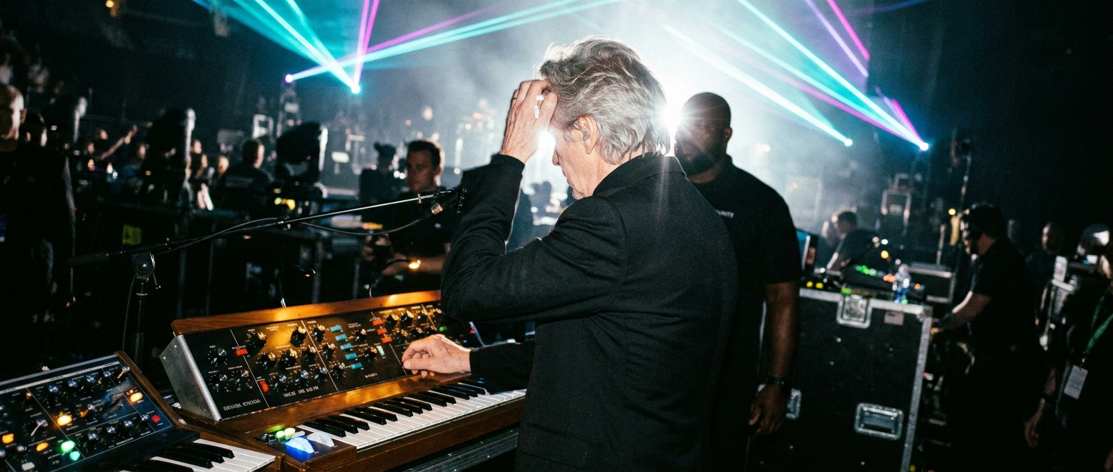 Jean-Michel Jarre performs on stage behind glowing synthesizers during an arena concert.