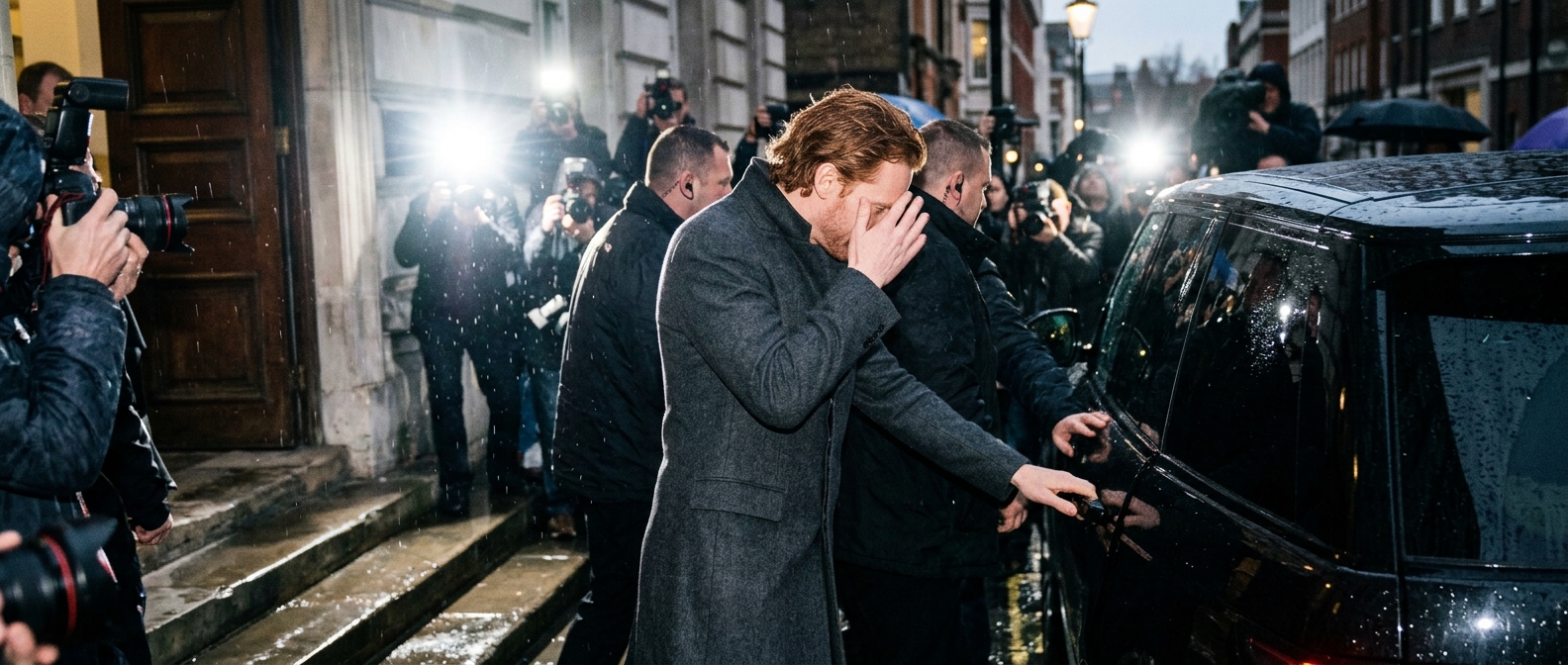 Prince Harry shields his face from camera flashes outside a London court during his UK security legal battle.