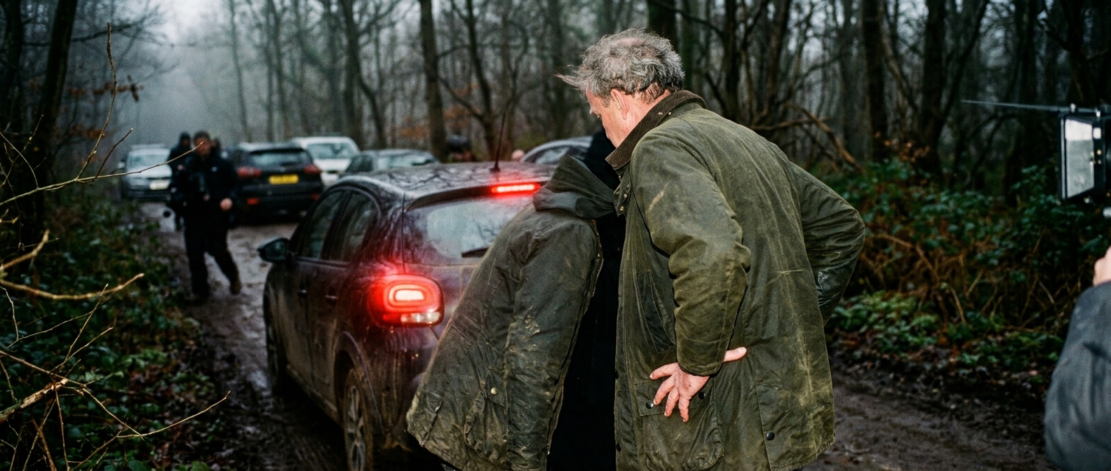 Jeremy Clarkson standing near a parked car during an encounter in the Cotswolds woods by his farm.