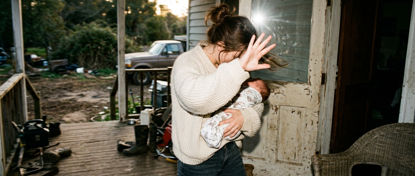 Millie Bobby Brown cradles her newly adopted baby in a warm, rustic home setting.
