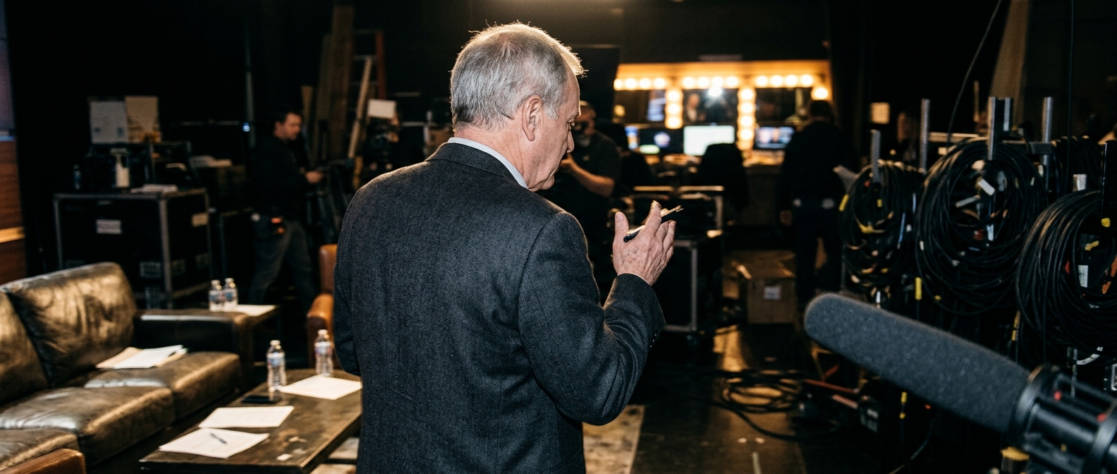 Silhouetted broadcaster in a studio setting honouring the memory of ABC presenter Peter Thompson — Australian TV legend Pe…