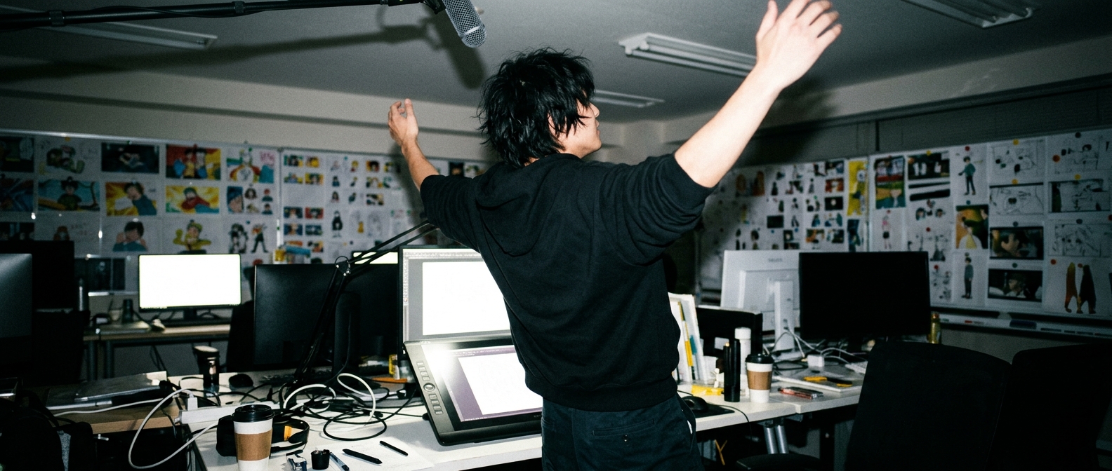 An animator in a dark Tokyo studio celebrates late at night as Jujutsu Kaisen pushes MAPPA to the top of anime streaming.