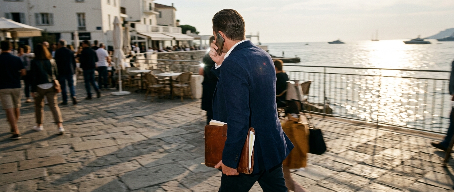 A TV executive walks with script portfolios along the sunny Cannes promenade ahead of Mipcom meetings — Spanish TV Takes C…