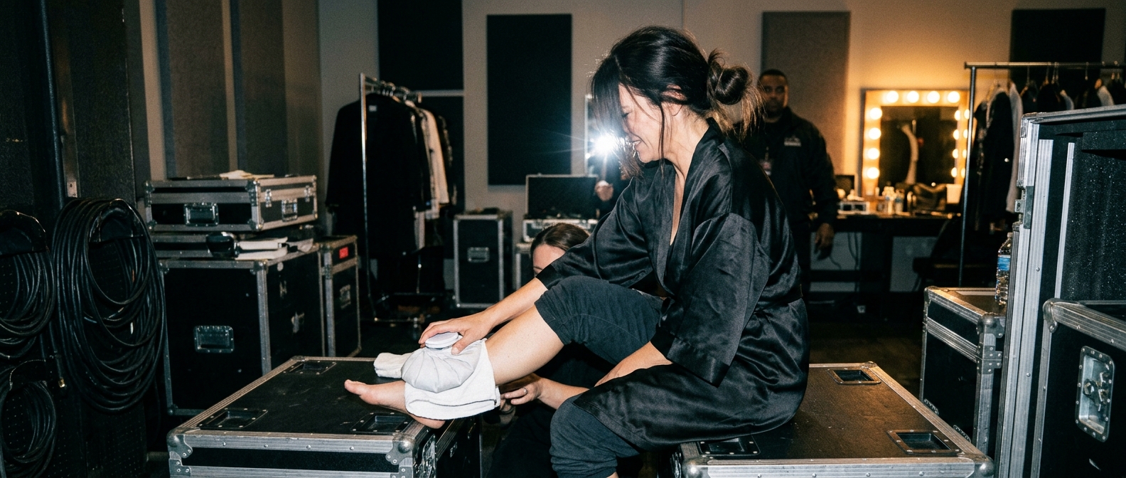 Nicole Scherzinger receiving backstage treatment for painful leg burns before taking the stage for a concert.