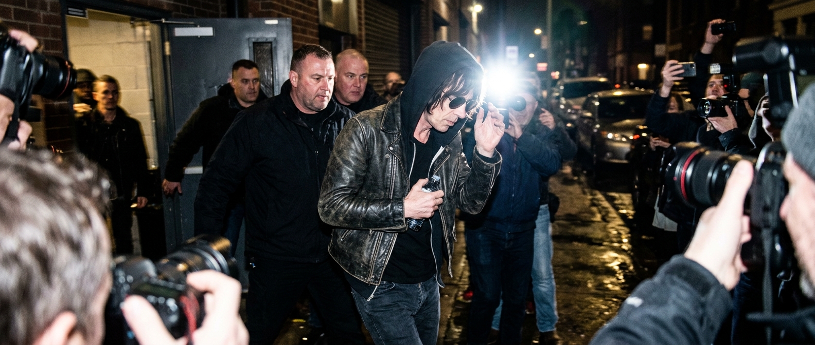 The Strokes frontman performing live on stage during a concert tour announcement.