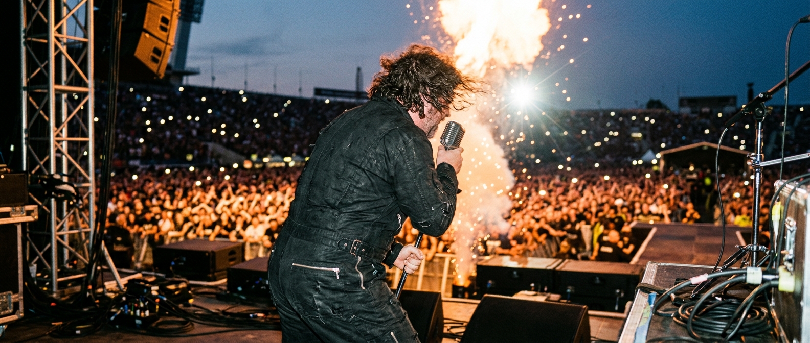 A performer onstage during a massive Slipknot stadium concert with roaring pyrotechnics and packed crowd lights — Slipknot…