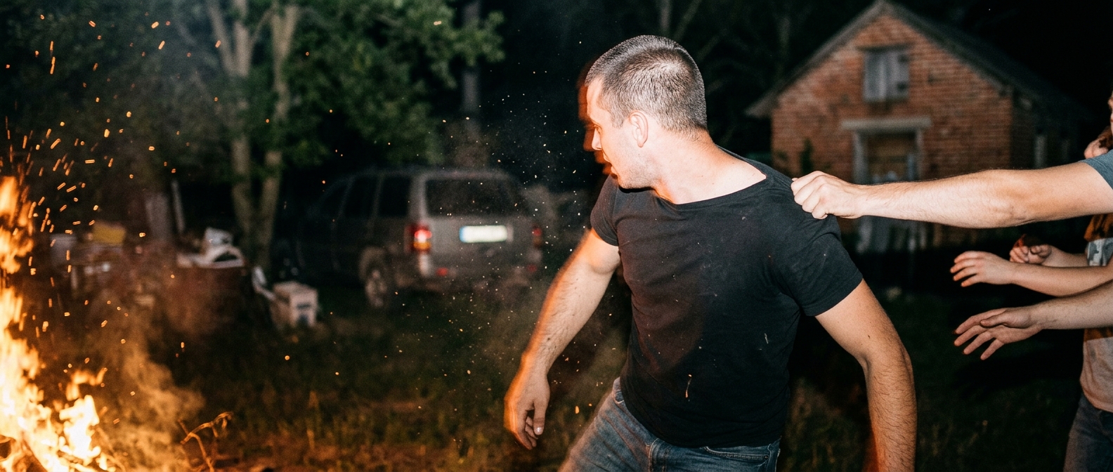 Trent Woolman nearly falls into a blazing bonfire before friends pull him back from the fire — Trent Woolman’s Bonfire Hor…
