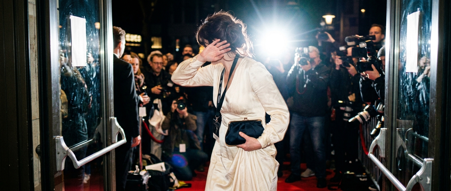 An actress dressed as Queen Silvia steps onto a European festival carpet amid flashing lights — Queen Silvia Drama Snags H…