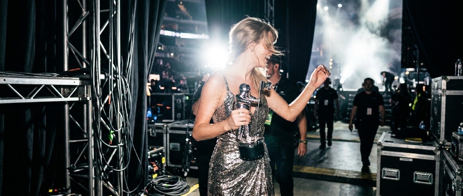 A pop superstar clutches a silver MTV VMA trophy backstage in downtown Los Angeles — Taylor Swift, Madonna, and LISA Domin…