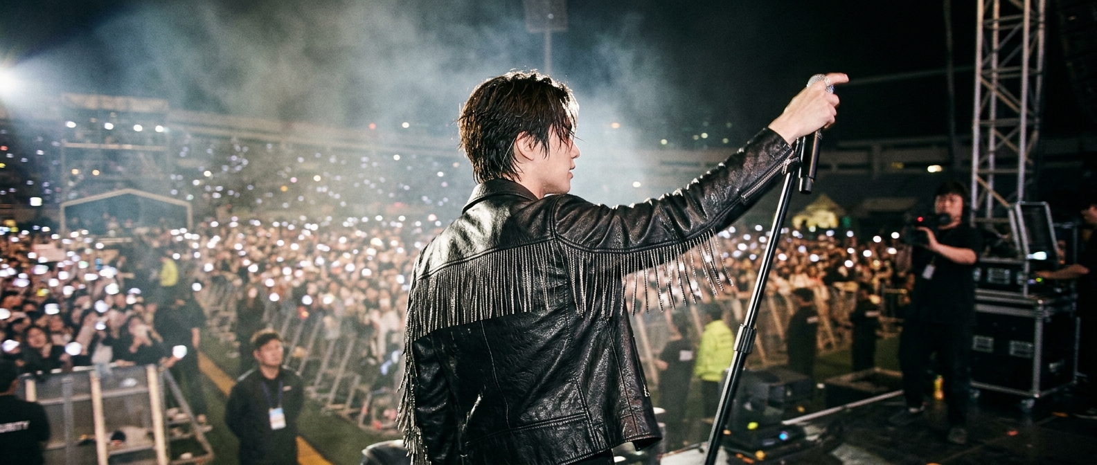 ATEEZ headline performer silhouetted against stadium lights and confetti at 82WORLD festival in Los Angeles.