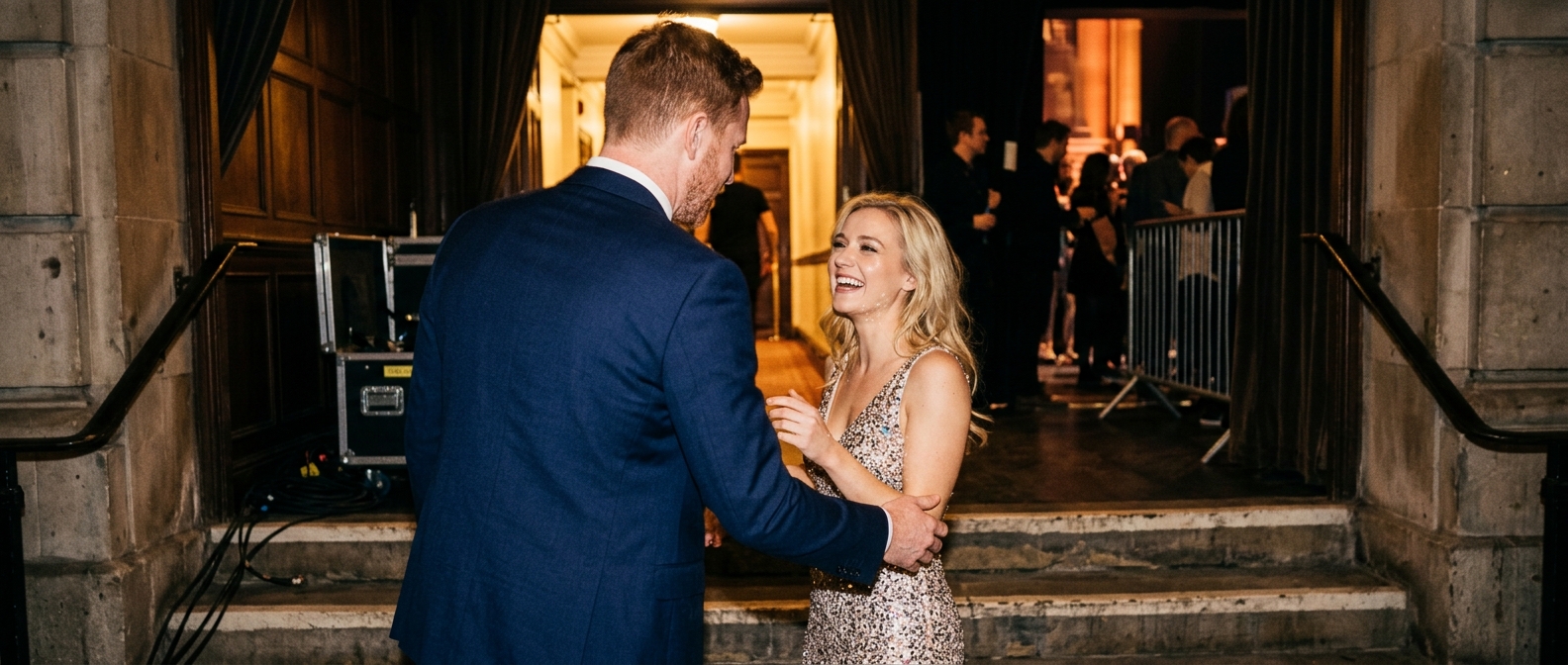 Backstage moment between a tall man in a suit and a singer in a stage dress after a live show — Sydnie Christmas Reveals W…