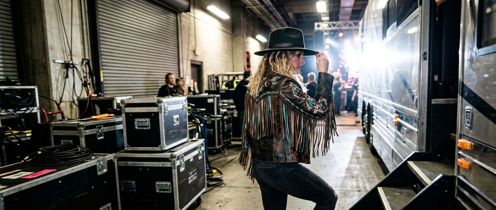Ella Langley walking backstage in low hat and fringe jacket amid drama over Riley Green The Voice comments.