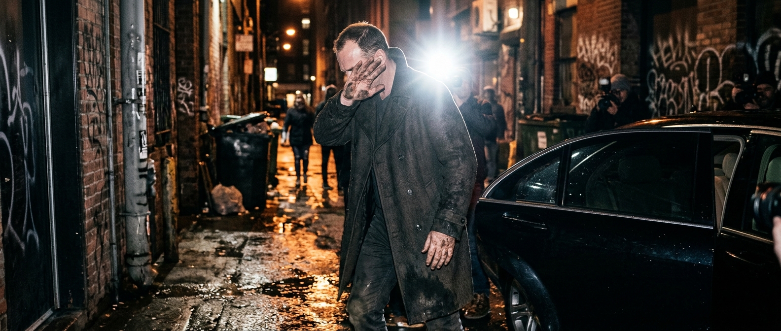 Clayface film scene showing a shadowy mutated figure recoiling in a dark rainy alley as horror reactions emerge — DC Goes…