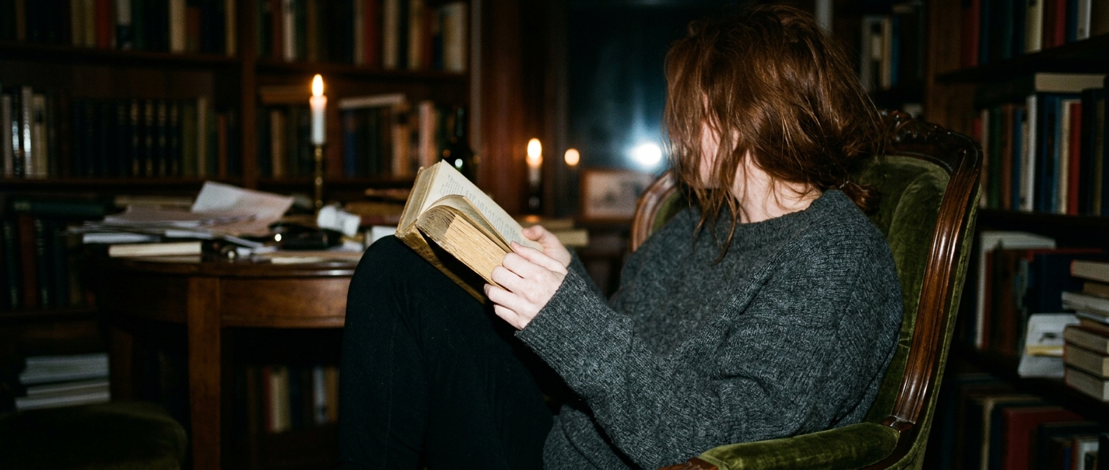 Woman reading a spooky horror novel in a dark armchair under flash lighting for Halloween book recommendations — Page Six…