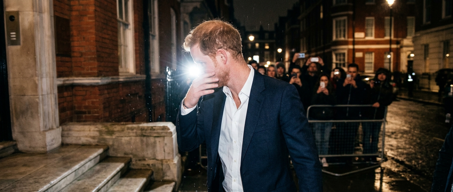 Prince Harry in a dark suit turning away from flashes outside a royal residence — Why Prince Harry Scrapped His Huge 30th…