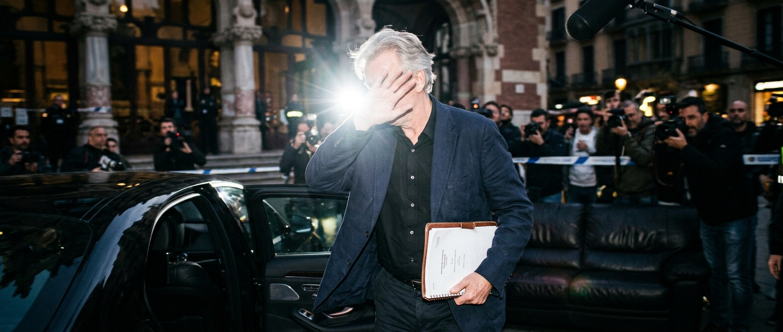 Steven Moffat arriving at a television festival screening under flashing camera lights in Barcelona.
