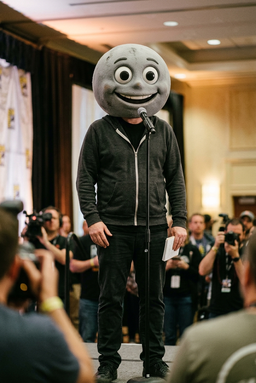 Game director Yoko Taro on stage wearing his signature oversized Emil mask and a dark hoodie.
