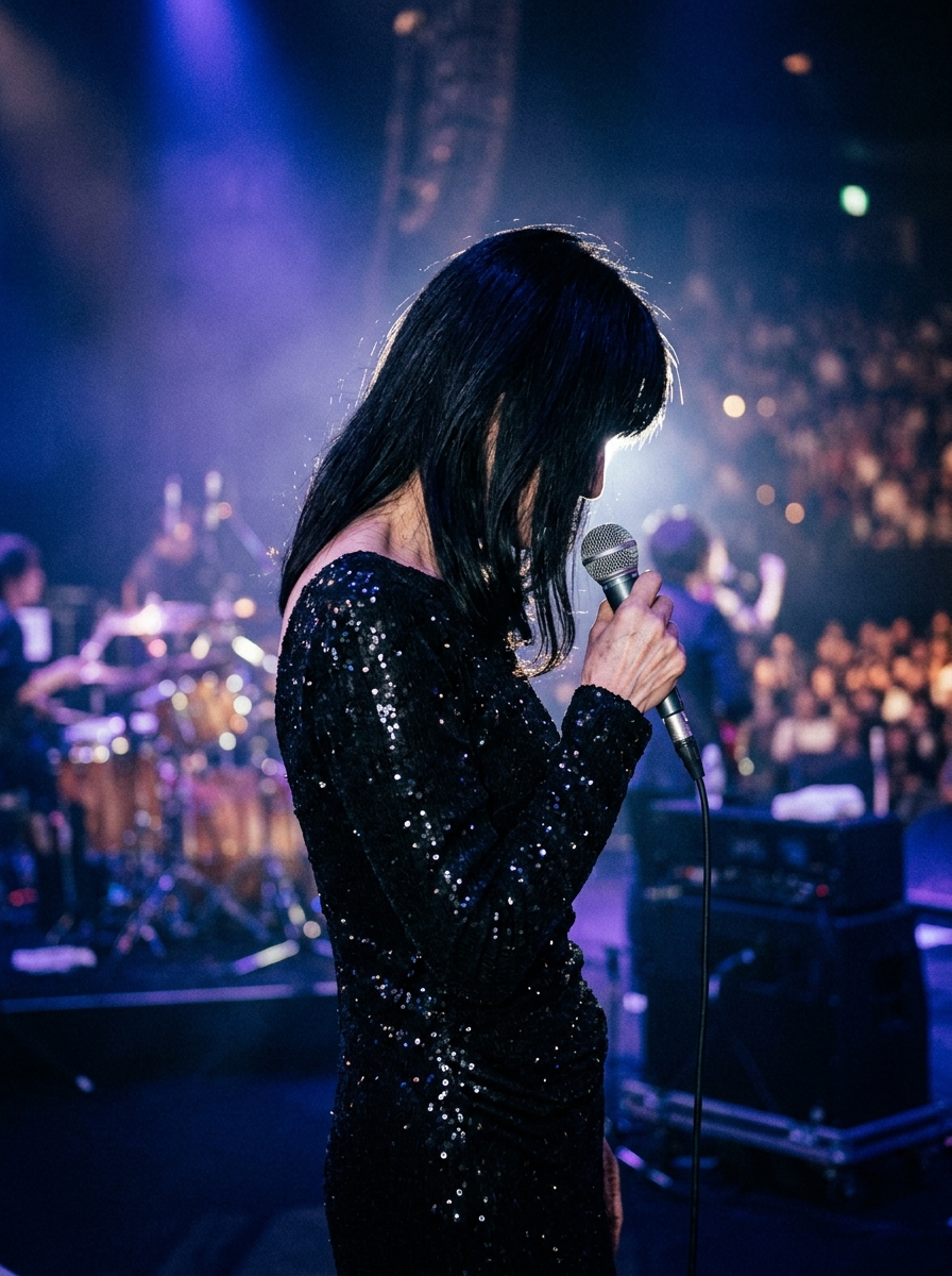 Singer on stage holding a microphone under concert lighting with her face turned away.