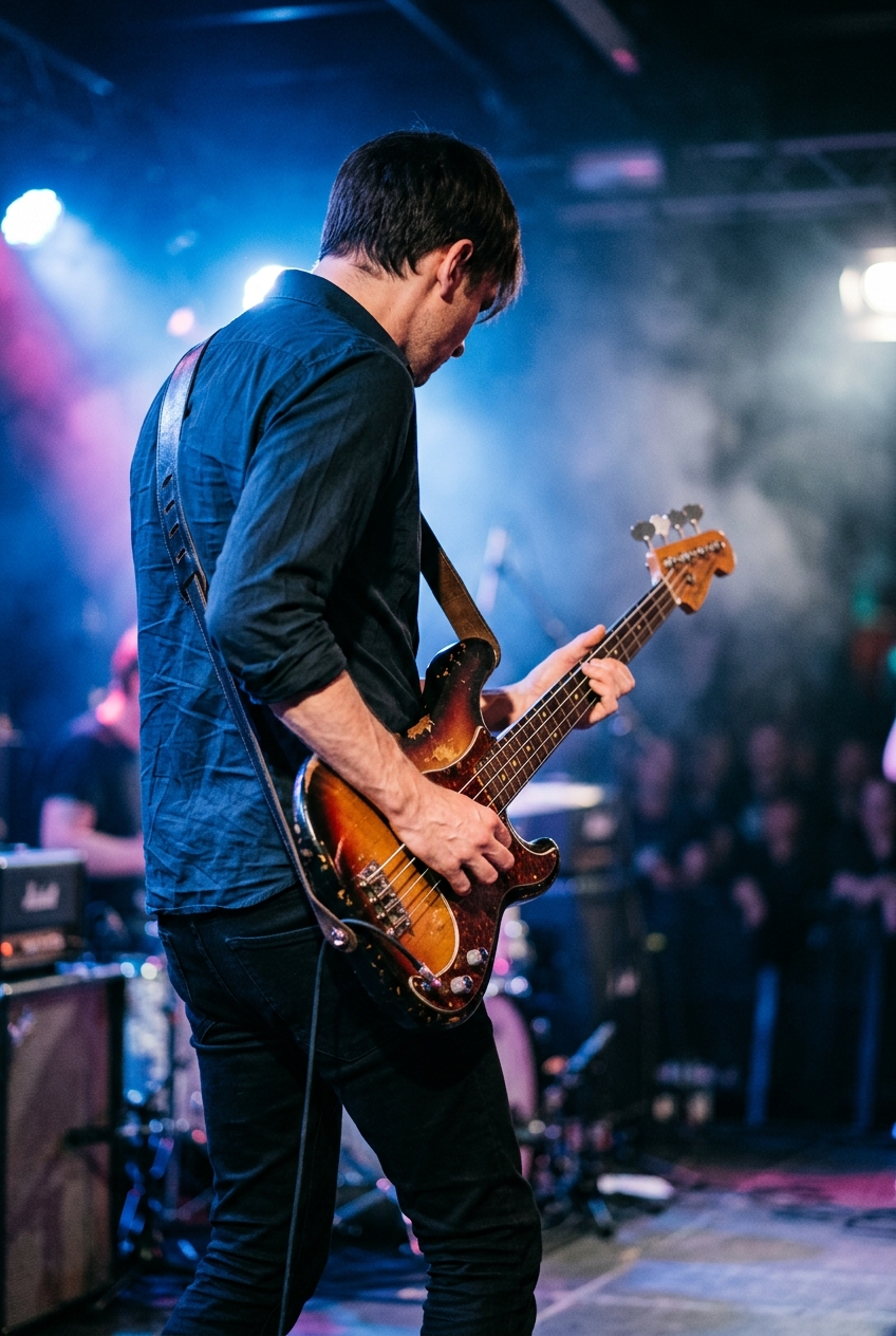 Rear view of a bassist with short dark hair performing on a dimly lit concert stage with an electric bass guitar.