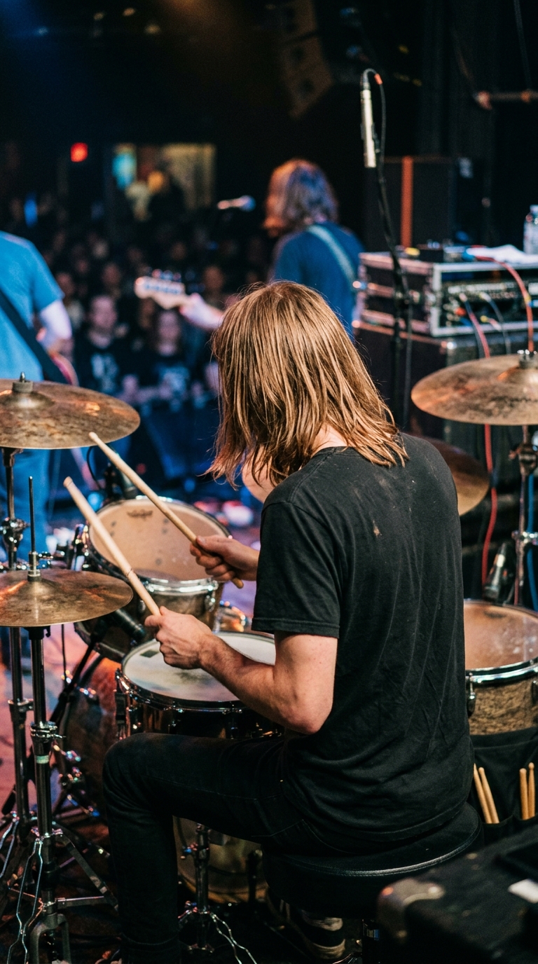 Back view of a drummer on stage behind a drum kit illuminated by warm concert lighting.