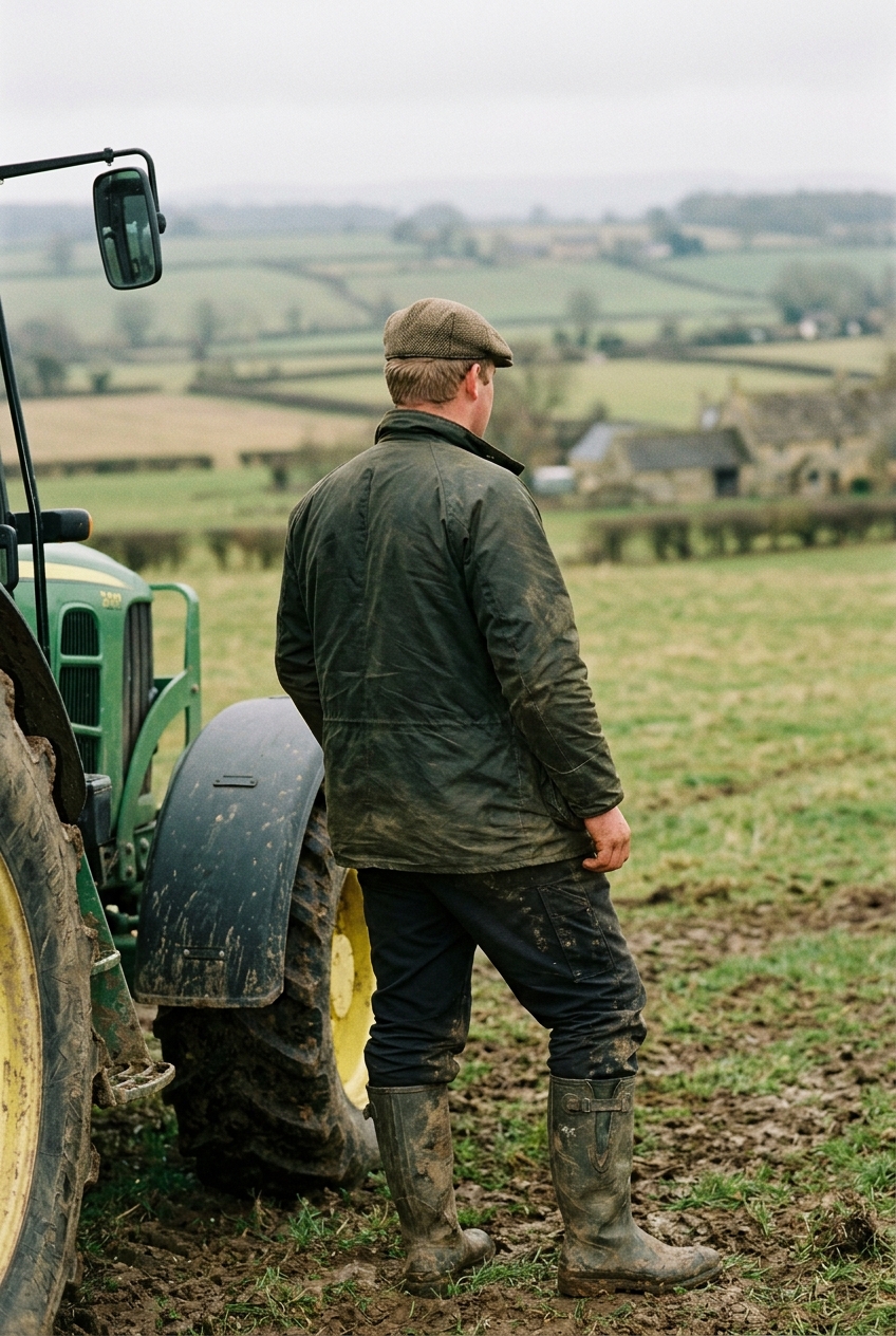 A farmer wearing a flat cap and waxed jacket stands with his back to the camera in a muddy field.