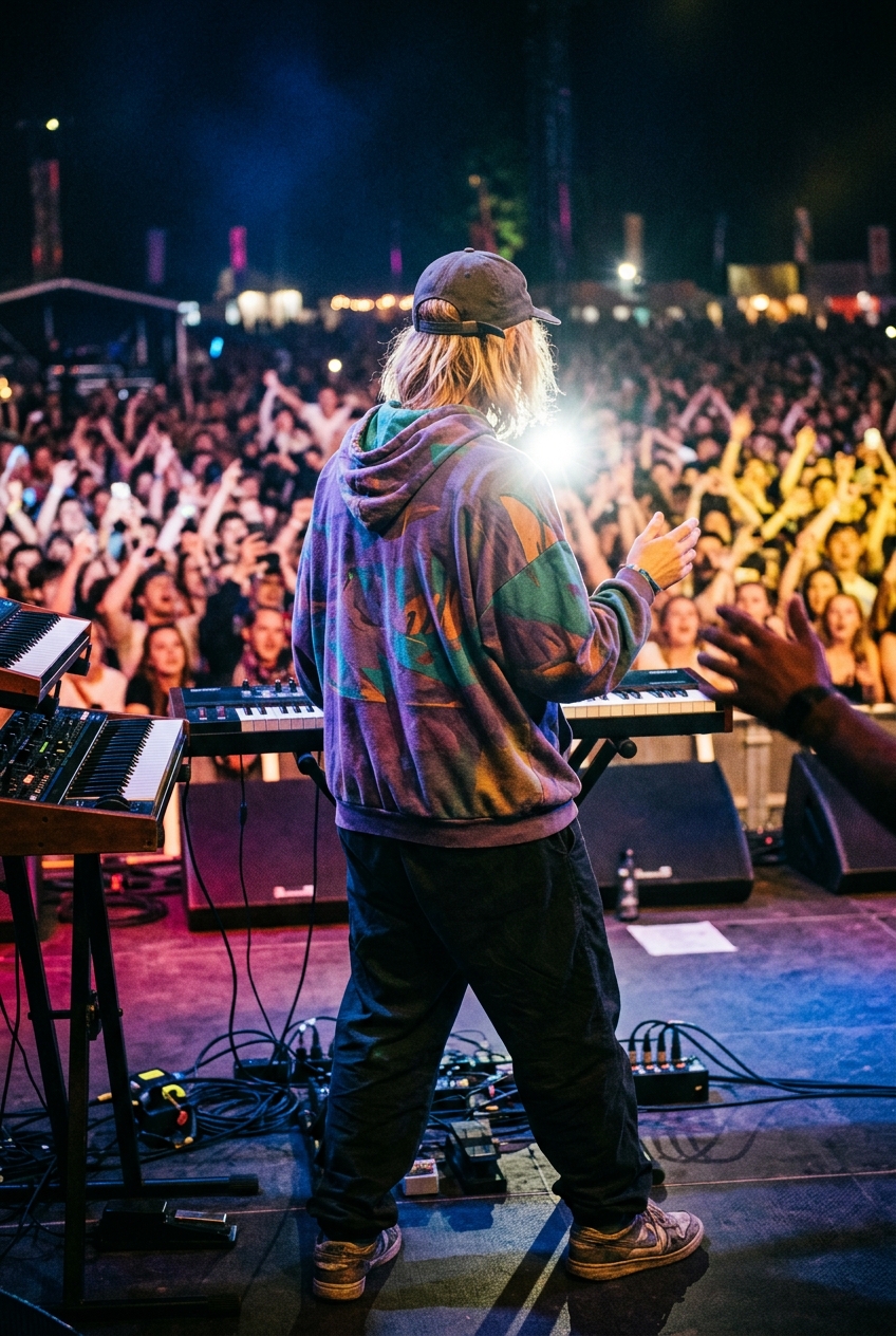 Singer with blonde hair in a cap and oversized hoodie performing on stage facing away from the camera.