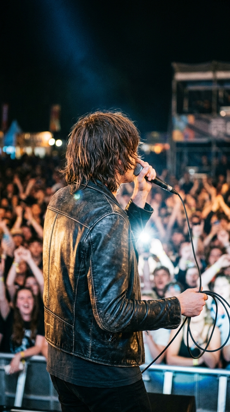A singer with shaggy dark hair and a leather jacket seen from behind on a concert stage holding a microphone cord before a crowd.