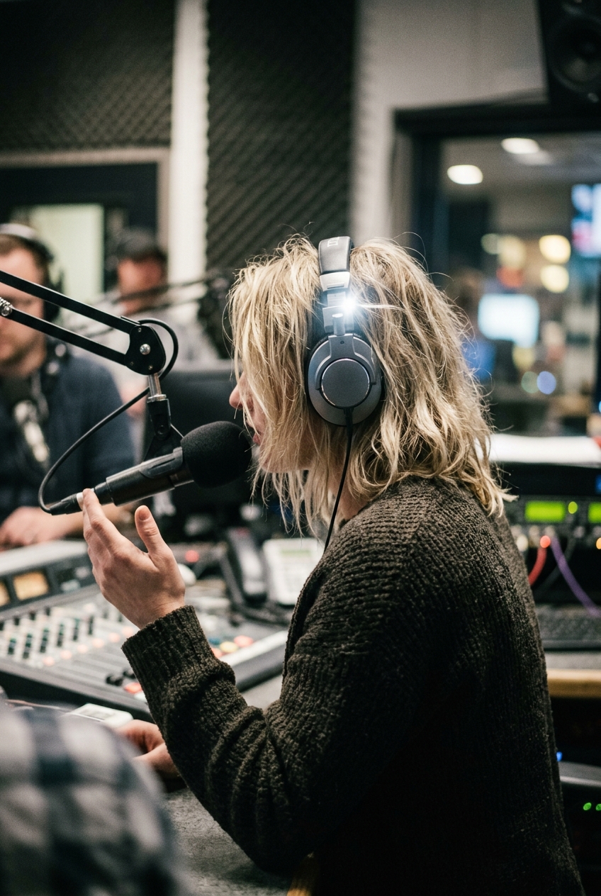 Woman with blonde hair wearing studio headphones at a radio microphone, seen from behind.