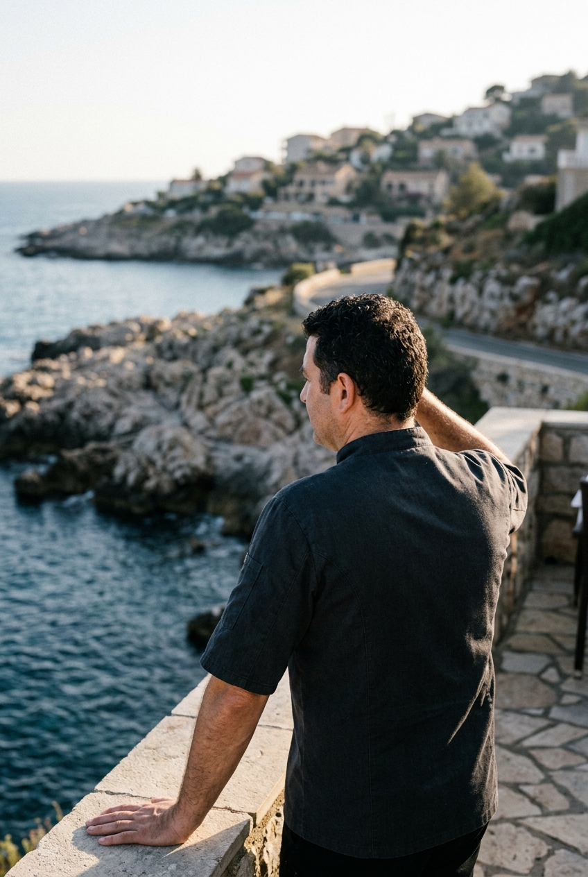 Back view of a chef in a jacket standing on a terrace overlooking the Spanish coast.