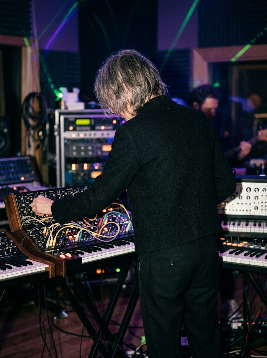Back view of an electronic musician with grey hair operating a synthesizer console in a dimly lit studio.