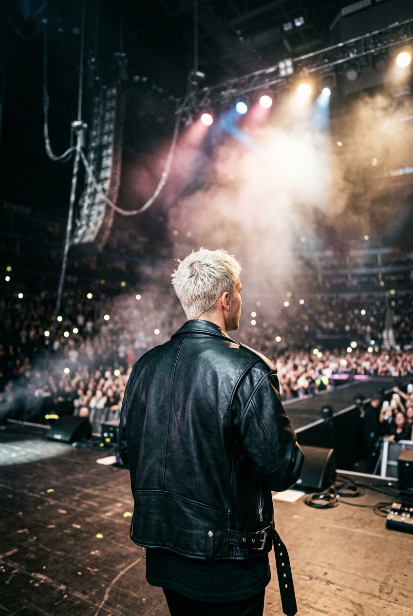 Back view of a slender male performer with cropped blonde hair wearing a black leather jacket on an arena stage.