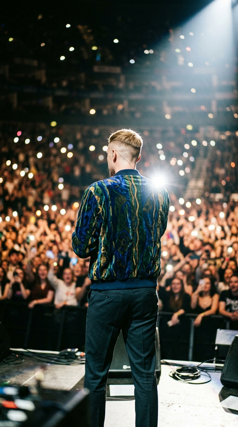 Back view of a male hip-hop artist wearing a retro jacket on an illuminated concert stage.
