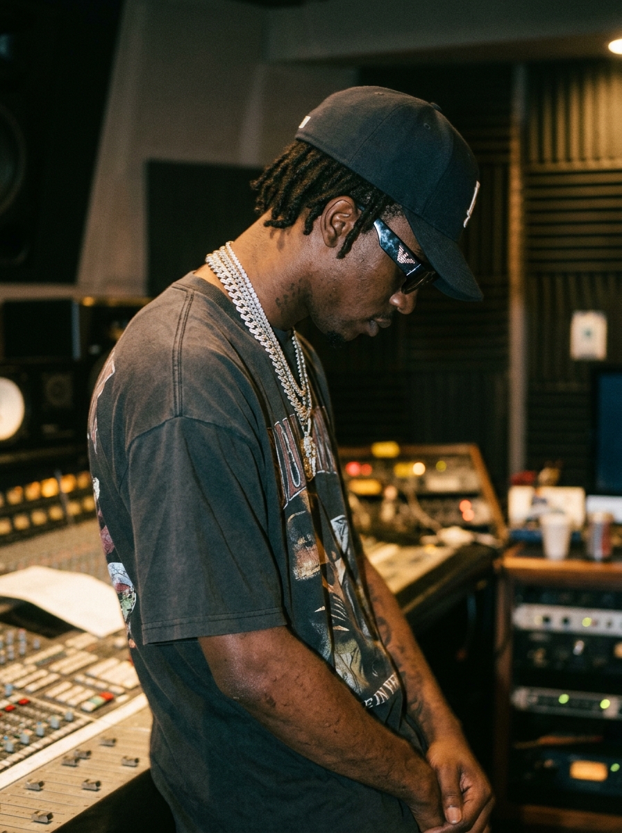 Side view of a slender man wearing thick chains and a baseball cap pulled down, standing in a dimly lit studio.