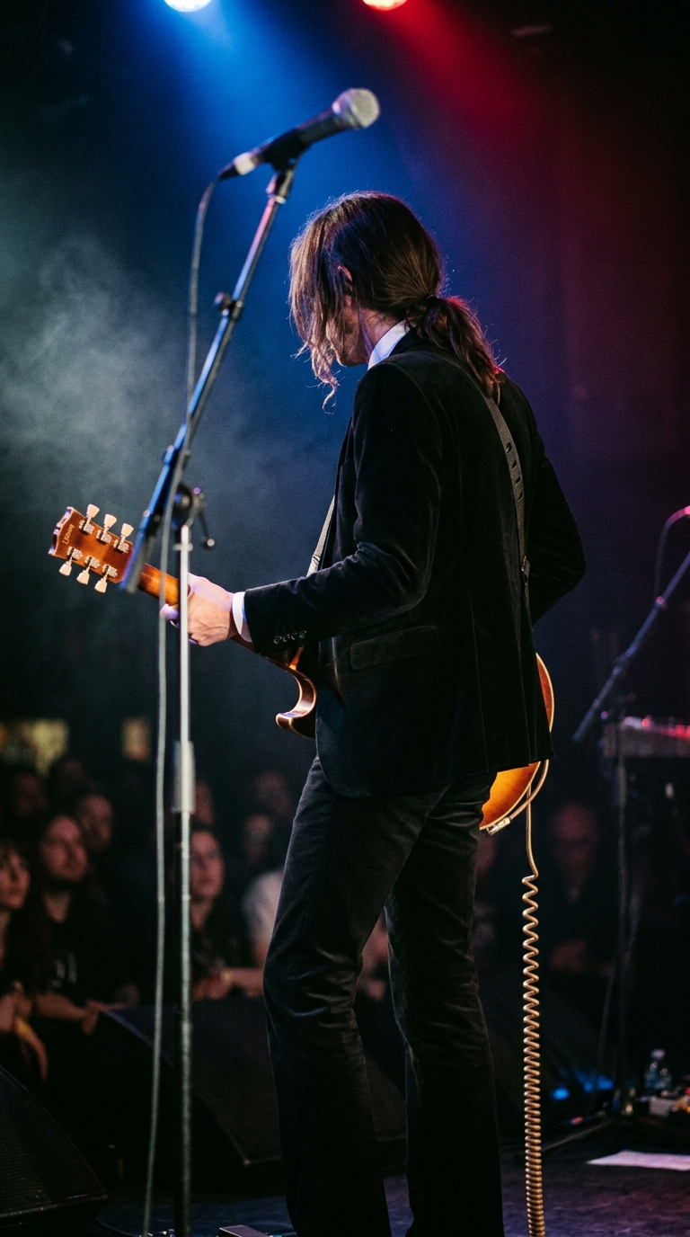 Back view of a tall musician with shoulder-length black hair in a tailored suit playing electric guitar under vibrant concert stage lighting.