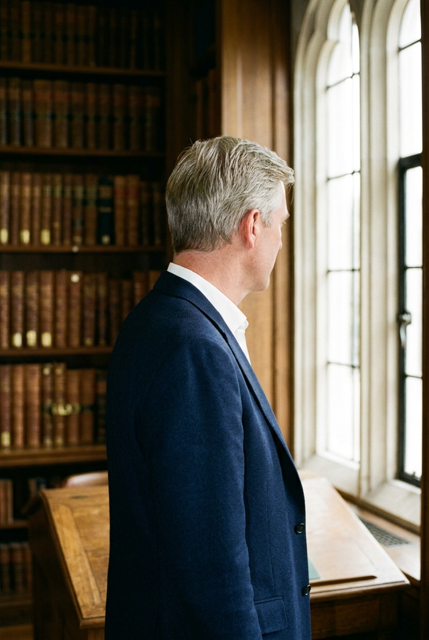 A rear three-quarters view of a tall man in a tailored navy blazer standing inside an antique estate library.