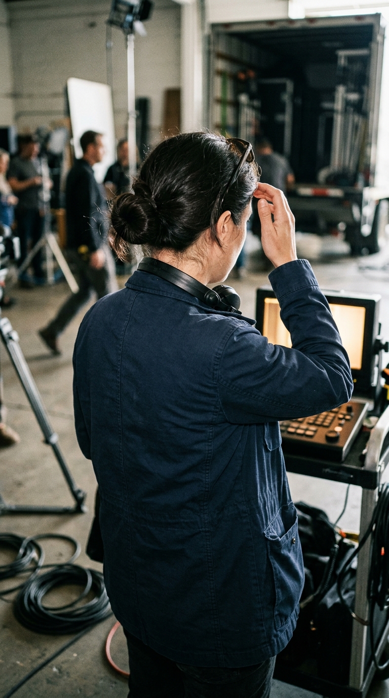 Marie Clements viewed from behind on a film set while monitoring a production shoot.