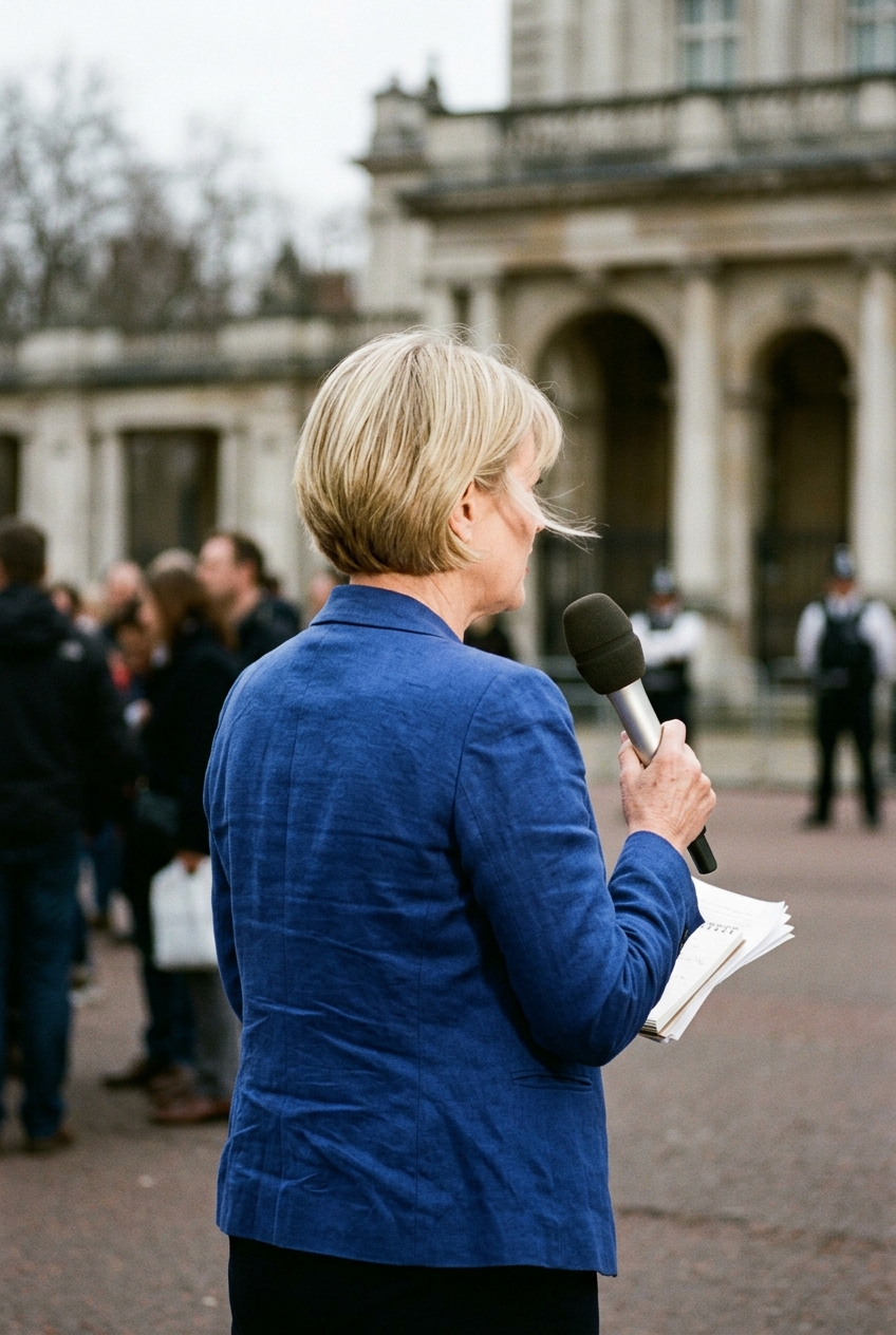 Back view of a blonde news presenter in a blue blazer holding a microphone in front of a historic building.