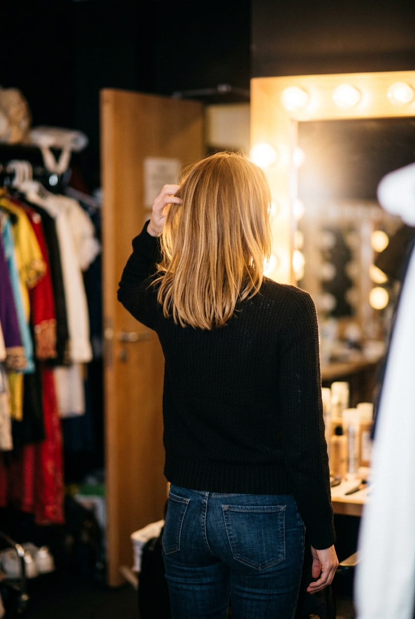 Backstage shot of a blonde performer in casual black clothes looking toward a lit mirror.