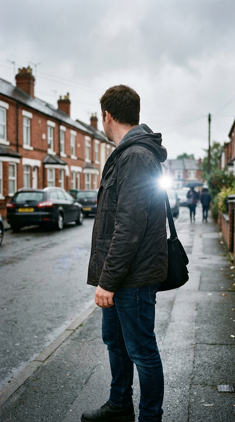Back view of a man with short dark hair in a casual jacket standing outdoors on an overcast day.