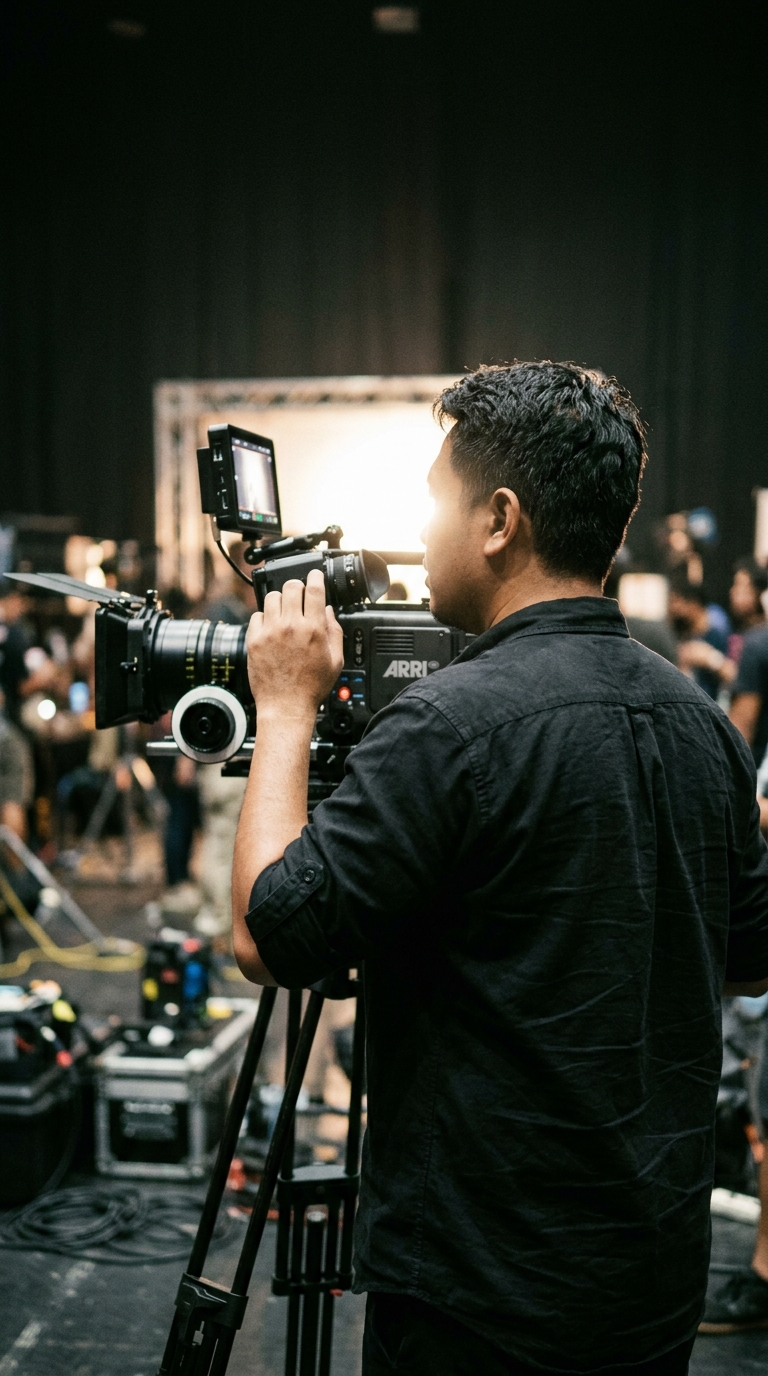 Back view of a film director wearing a dark shirt, observing a camera monitor on a film set.
