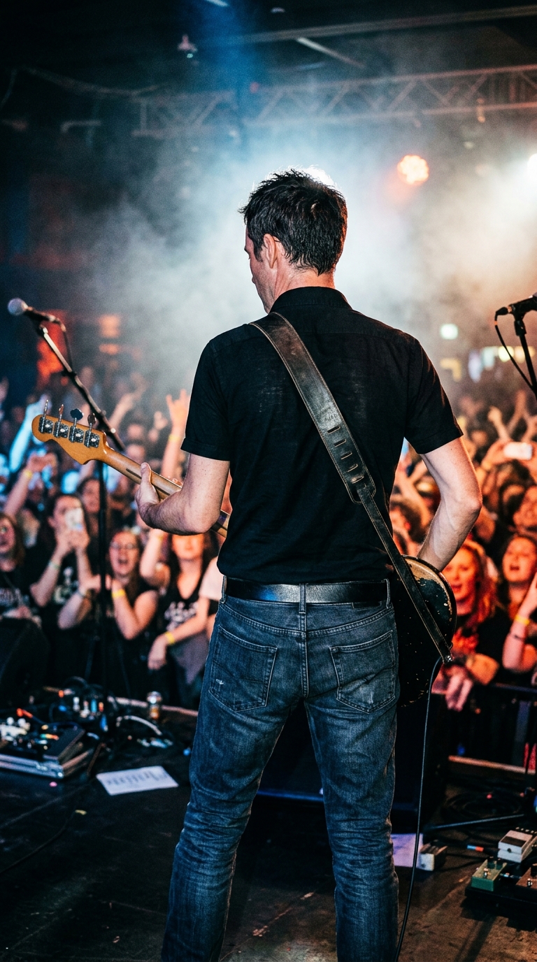 Back view of a musician holding an electric bass guitar on a concert stage with bright stage lights.